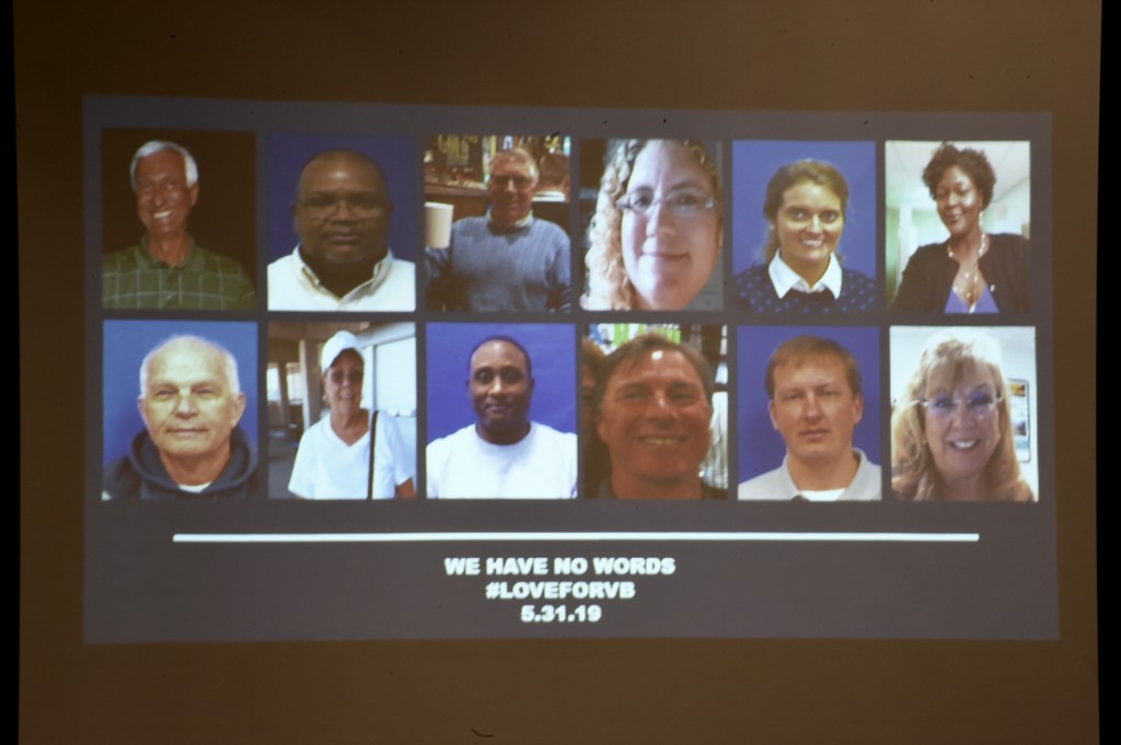 A slide of the victims in the May 31, 2019 mass shooting at a Virginia, Beach, Virginia, municipal building is shown during a press conference on June 1, 2019. (L-R, top to bottom) Richard H. Nettleton, Ryan Keith Cox, Christopher Kelly Rapp, Katherine A. Nixon, Tara Welch Gallagher, Laquita C. Brown, Robert Williams, Michelle Langer, Joshua A. Hardy, Herbert Snelling, Alexander Mikhail Gusev and Mary Louise Gayle. - A municipal employee sprayed gunfire "indiscriminately" in a government building complex on May 31, 2019, police said, killing 12 people and wounding four in the latest mass shooting to rock the US. (Photo by Eric BARADAT / AFP) 