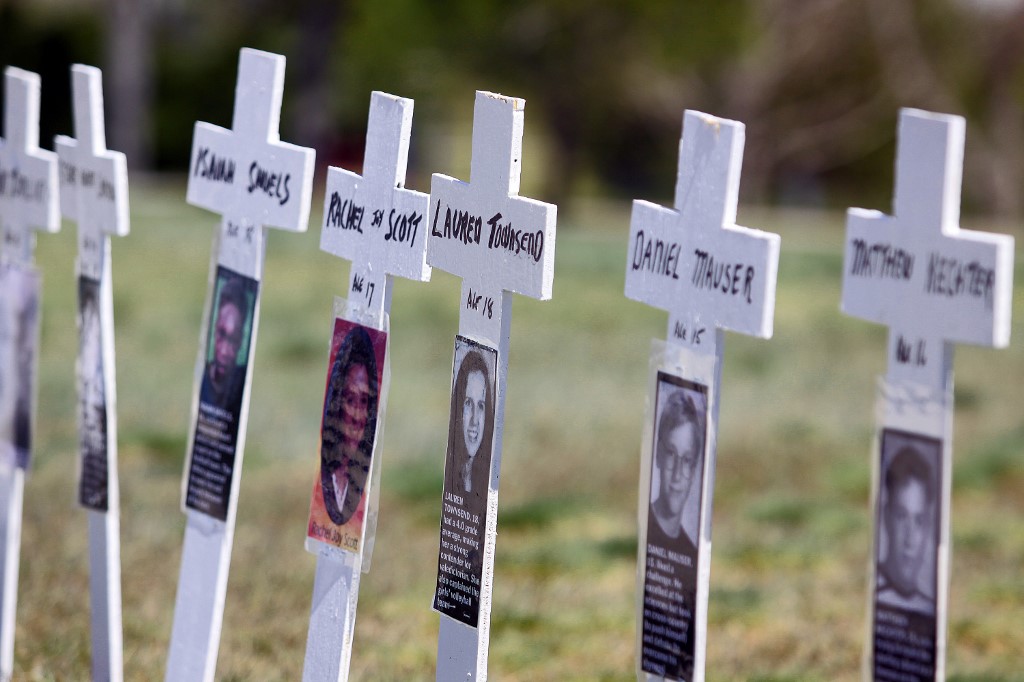 LITTLETON, CO - APRIL 20: Miniature crosses are displayed to commemorate the ten-year anniversary of the Columbine High School shootings at Clement Park April 20, 2009 in Littleton, Colorado. Columbine was the site of the then deadliest school shooting in modern United States history when, on April 20, 1999, 2 students killed 12 of their schoolmates and one teacher, and wounded 23 others, before taking their own lives. Marc Piscotty/Getty Images/AFP
