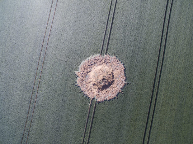 Crater in German field apparently caused by WWII bomb
