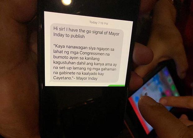 Text message sent to Mike Defensor