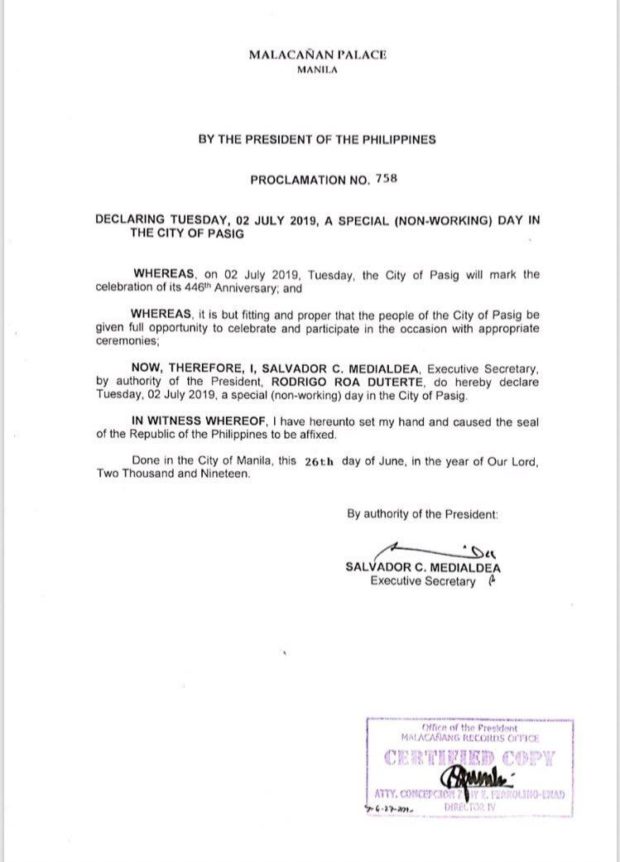 Palace declares July 2 as special non-working holiday in Pasig City