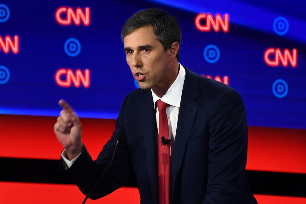 Democratic presidential hopeful former US Representative for Texas' 16th congressional district Beto O'Rourke delivers his closing statement during the first round of the second Democratic primary debate of the 2020 presidential campaign season hosted by CNN at the Fox Theatre in Detroit, Michigan on July 30, 2019. (Photo by Brendan Smialowski / AFP)