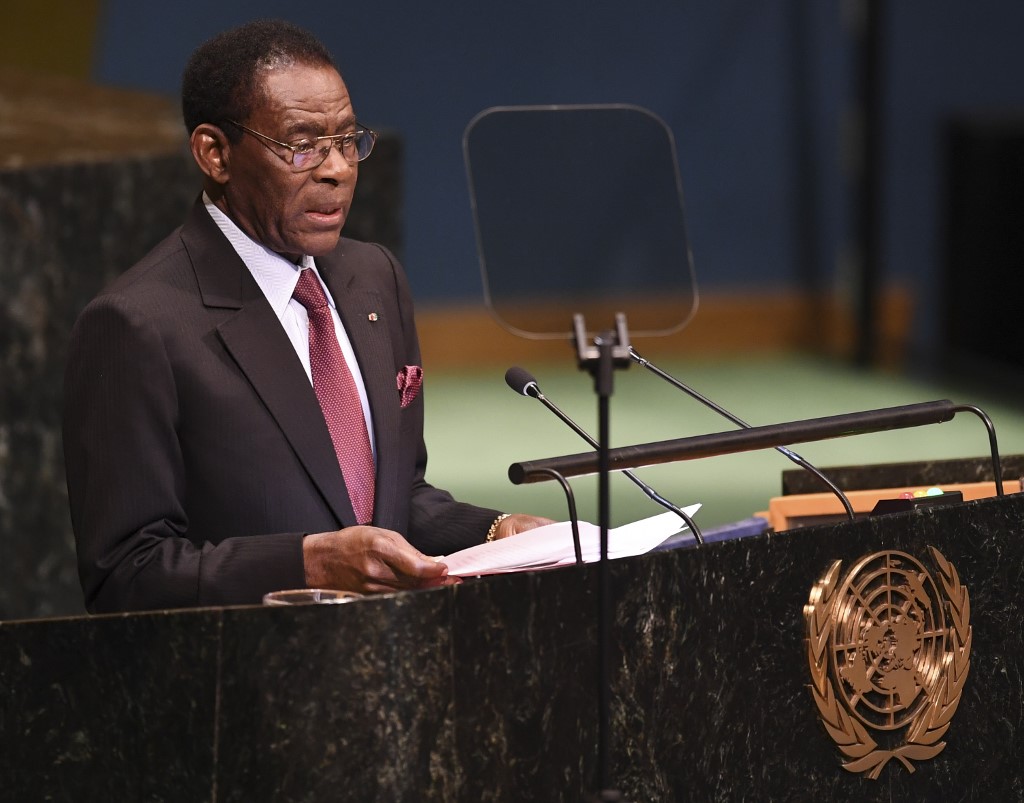 (FILES) In this file photo taken on September 24, 2018 Equatorial Guinea's President Teodoro Obiang Nguema Mbasogo addresses the Nelson Mandela Peace Summit, one a day before the start of the General Debate of the 73rd session of the General Assembly at the United Nations in New York. - Teodoro Obiang Nguema, president of Equatorial Guinea for 40 years on August 3, 2019, is the world's longest-serving living leader apart from Britain's Queen Elizabeth II, on the throne for 67 years. (Photo by Don EMMERT / AFP)