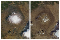 This combination of Sept. 14, 1986, left, and Aug. 1, 2019 photos provided by NASA shows the shrinking of the Okjokull glacier on the Ok volcano in west-central Iceland. A geological map from 1901 estimated Okjökull spanned an area of about 38 square kilometers (15 square miles). In 1978, aerial photography showed the glacier was 3 square kilometers. in 2019, less than 1 square kilometer remains. (NASA via AP)