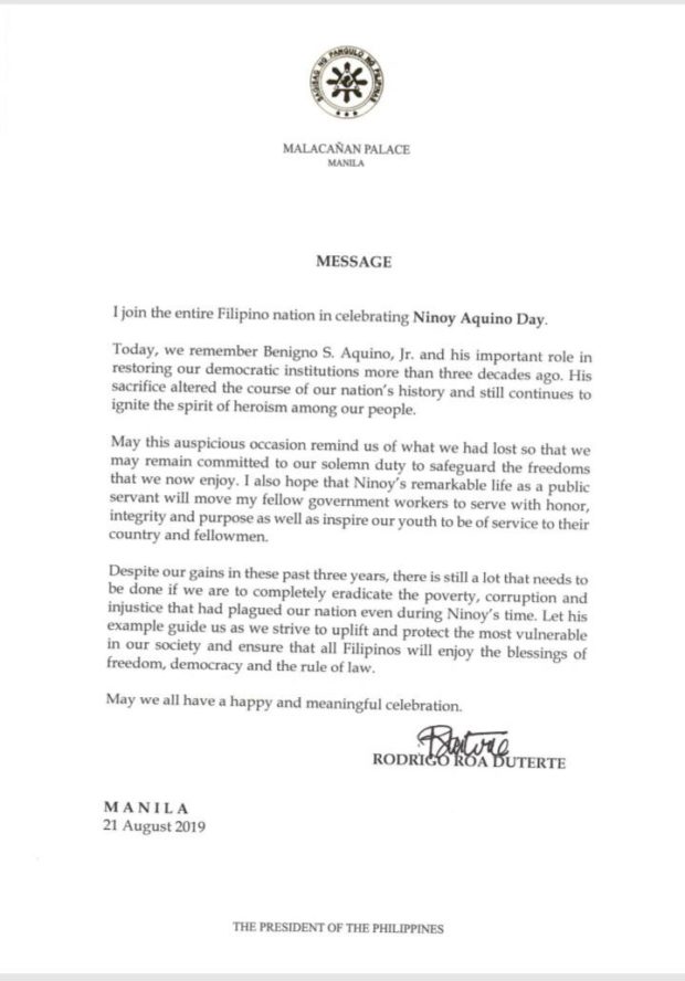 Duterte Be like Ninoy, serve with honor, integrity, purpose
