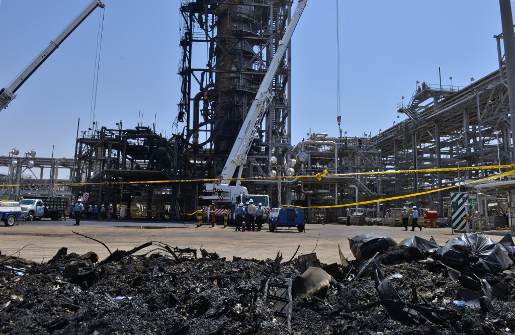 A destroyed installation in Saudi Arabia's Khurais oil processing plant is pictured on September 20, 2019. - Saudi Arabia said on September 17 its oil output will return to normal by the end of September, seeking to soothe rattled energy markets after attacks on two instillations that slashed its production by half. The strikes on Abqaiq - the world's largest oil processing facility - and the Khurais oil field in eastern Saudi Arabia roiled energy markets and revived fears of a conflict in the tinderbox Gulf region. (Photo by Fayez Nureldine / AFP)