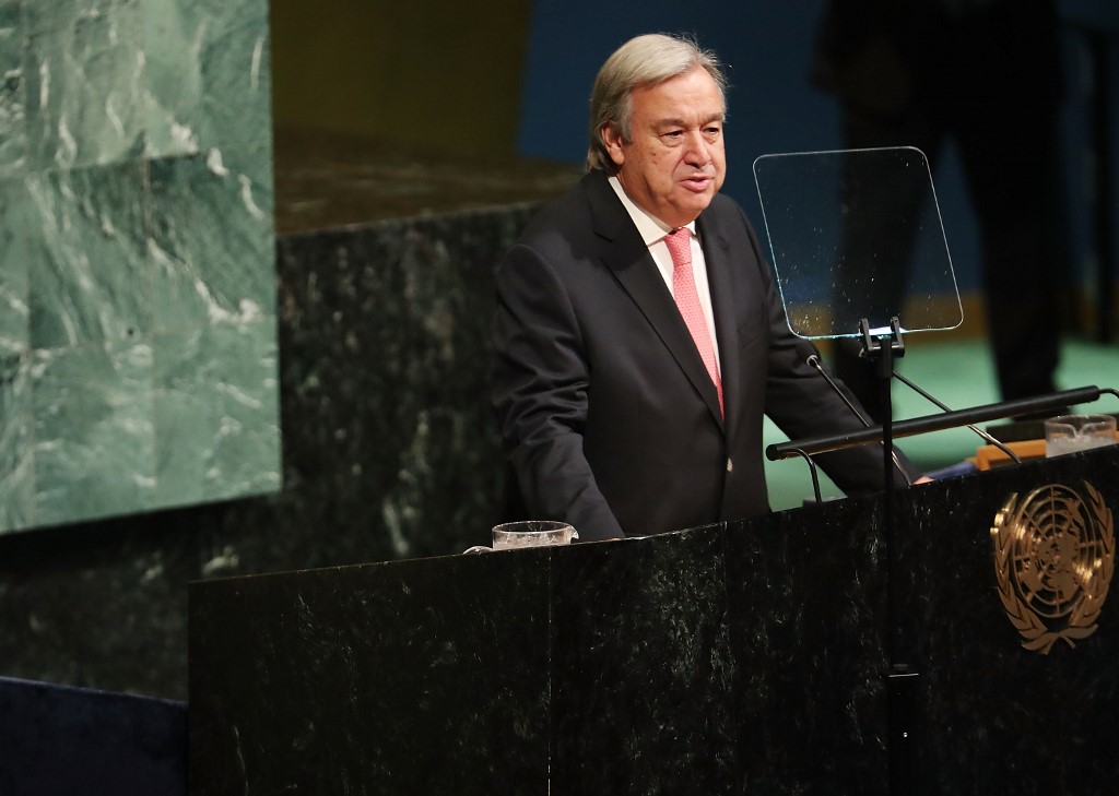 NEW YORK, NY - SEPTEMBER 19: Secretary-General of the United Natons (UN) Antonio Guterres speaks to world leaders at the 72nd United Nations (UN) General Assembly at UN headquarters in New York on September 19, 2017 in New York City. Topics to be discussed at this year's gathering include Iran, North Korea and global warming.   Spencer Platt/Getty Images/AFP