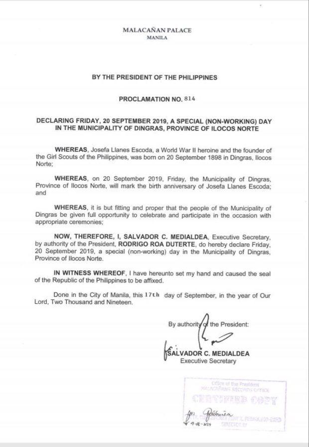 Duterte declares September 20 a holiday in Josefa Llanes Escoda’s hometown