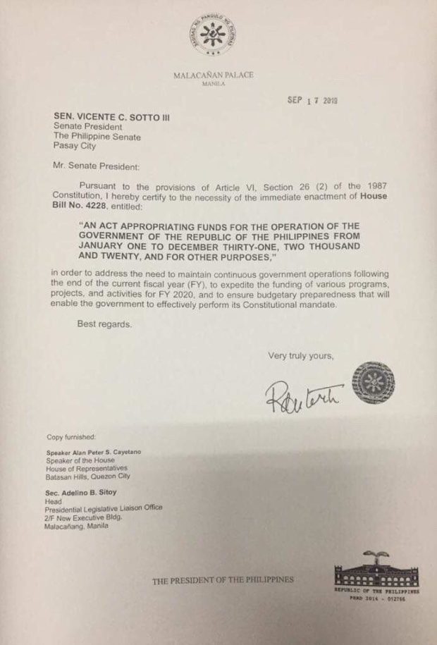 Duterte certifies as urgent P4.1 trillion 2020 nat'l budget