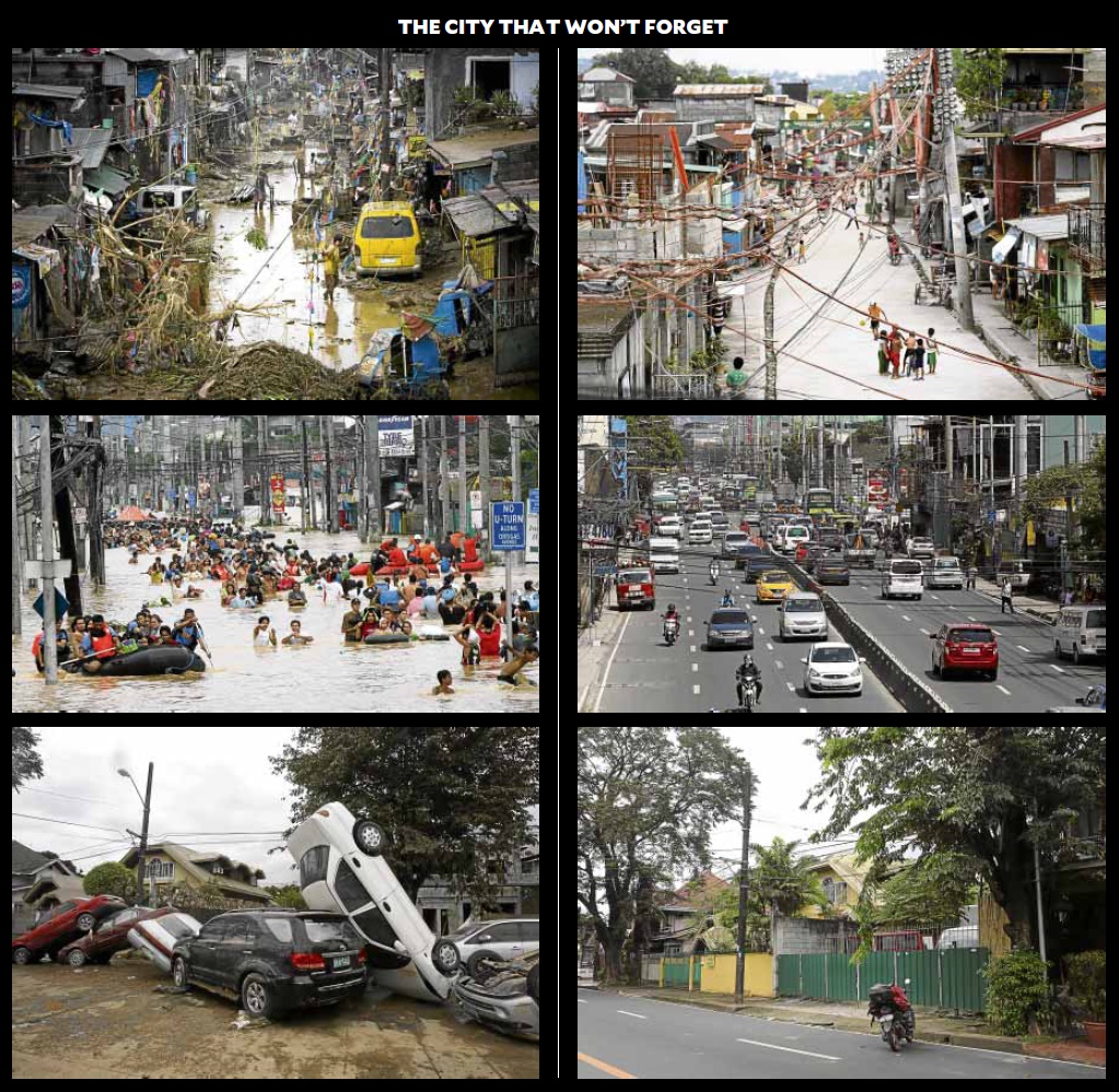 A MONTH’S WORTH OF RAINFALL DUMPED IN SIX HOURS The aftermath of “Ondoy” as documented by the Inquirer on Sept. 27, 2009 (left photos). The same sites were photographed on Wednesday (right). —INQUIRER FILE PHOTOS/JOAN BONDOC