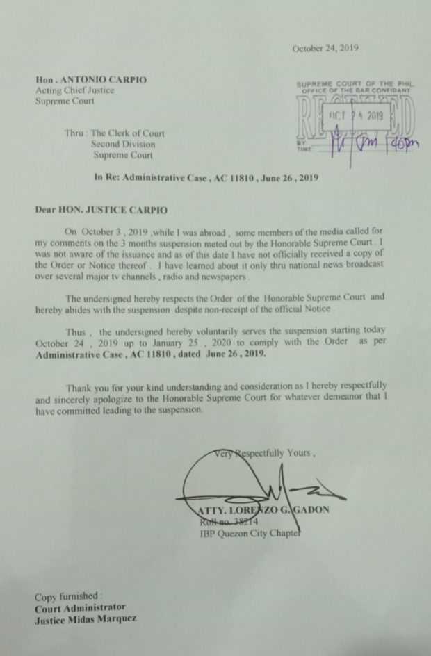 Gadon voluntarily suspends himself from the practice of law