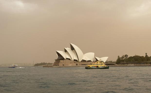 Sydney Opera House with haze from wildfire in background