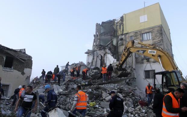 Rescuers working at damaged building in Albania
