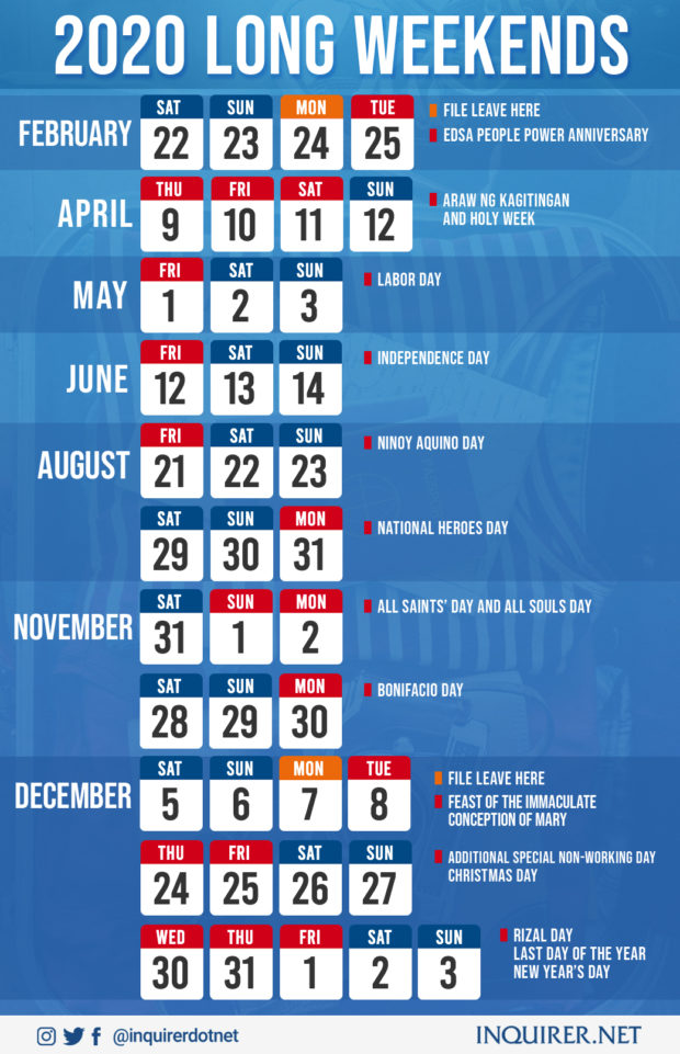 Holiday 2020 calendar Philippines, Inquirer
