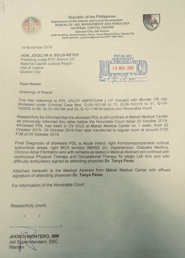 Zaldy Ampatuan still in hospital as court ruling on Maguindanao massacre nears   Read more: https://newsinfo.inquirer.net/1192747/zaldy-ampatuan-still-in-hospital-as-court-ruling-on-maguindanao-massacre-nears#ixzz65thM8o6T Follow us: @inquirerdotnet on Twitter | inquirerdotnet on Facebook