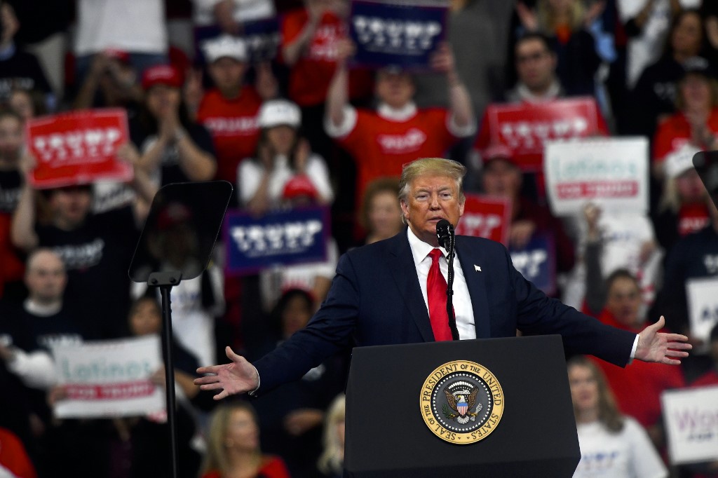HERSHEY, PA - DECEMBER 10: U.S. President Donald Trump speaks during a campaign rally on December 10, 2019 in Hershey, Pennsylvania. This rally marks the third time President Trump has held a campaign rally at Giant Center. The attendance of both President and Vice President signifies the importance Pennsylvania holds as a key battleground state.   Mark Makela/Getty Images/AFP