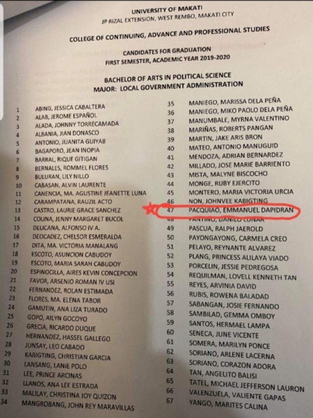 Pacquiao among UMak grads on Dec. 11