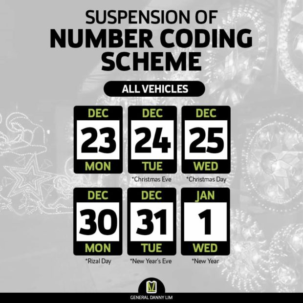 MMDA lifts number coding for Christmas, New Year holidays