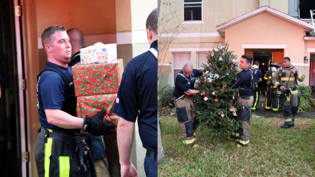 Firefighters, Christmas, tree, gifts