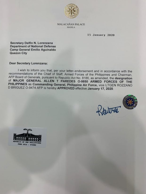 President Rodrigo Duterte has designated Maj. Gen. Allen Paredes as new commanding general of the Philippine Air Force.