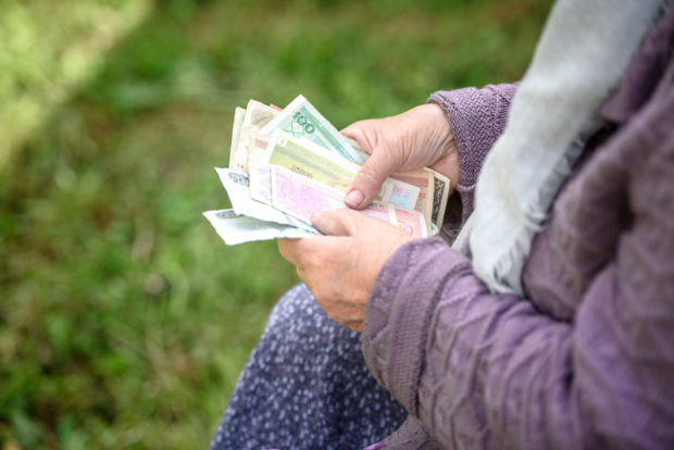 old woman, money, elderly