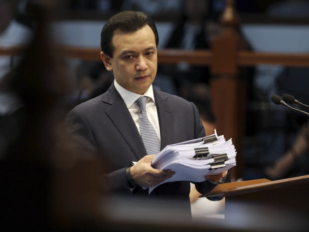 Former Senator Antonio Trillanes delivers a privilege speech during a Senate session in Pasay city in this photo dated May 27, 2019.