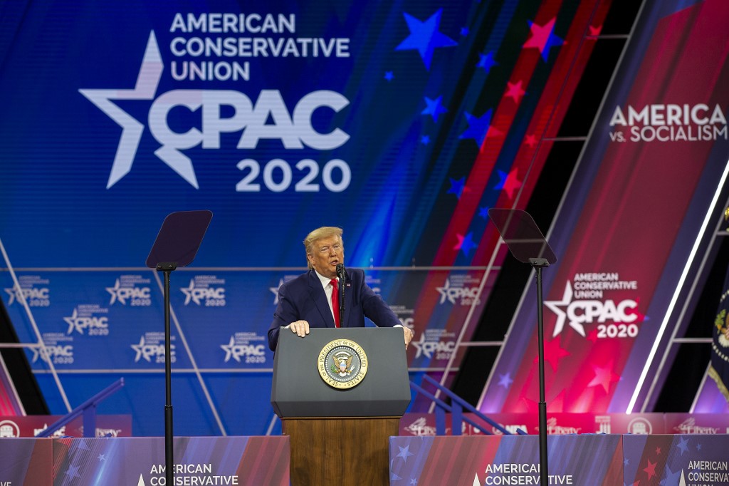 NATIONAL HARBOR, MARYLAND - FEBRUARY 29: President Donald Trump speaks during the annual Conservative Political Action Conference (CPAC) at Gaylord National Resort & Convention Center February 29, 2020 in National Harbor, Maryland. Conservatives gather at the annual event to discuss their agenda.   Tasos Katopodis/Getty Images/AFP