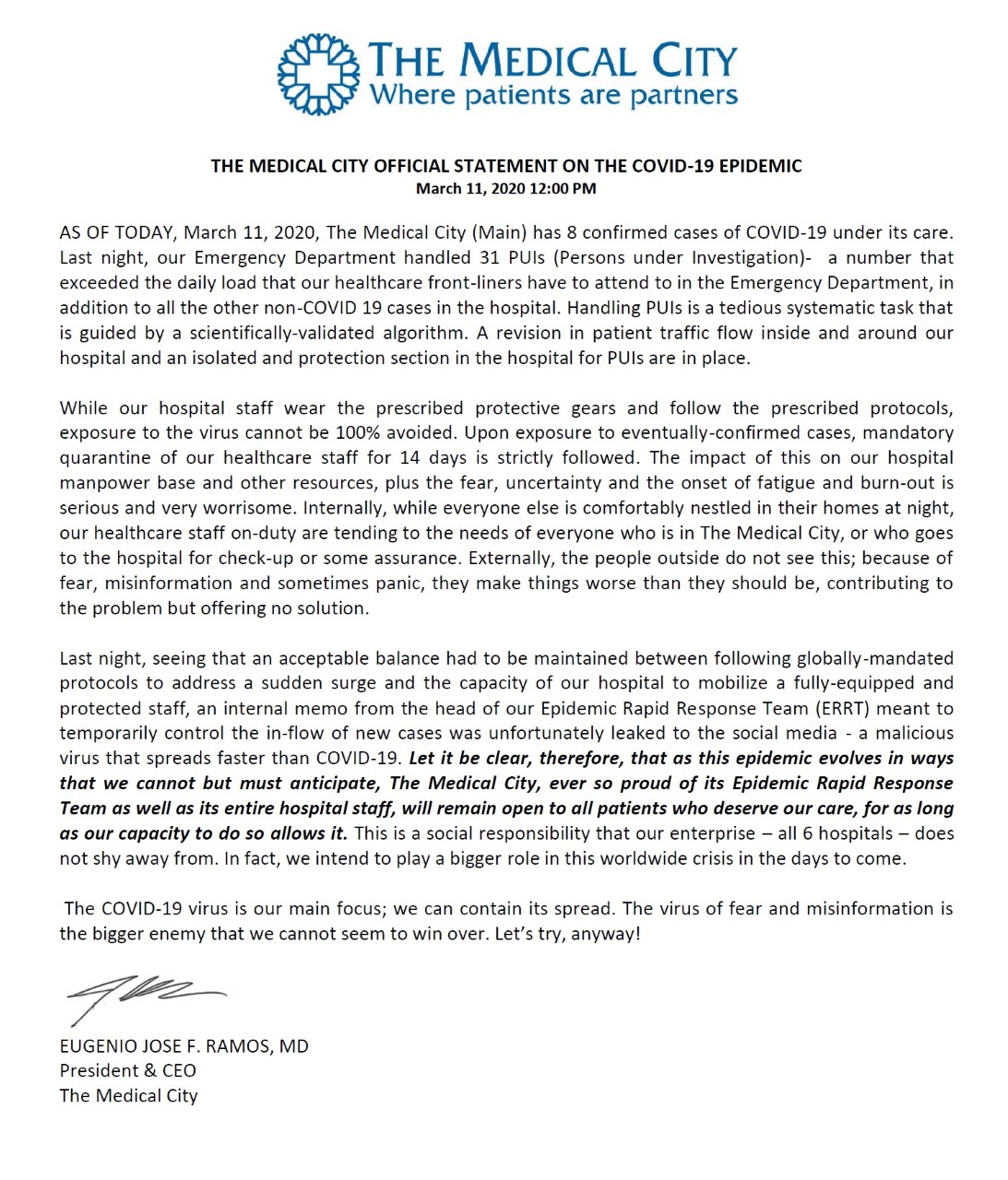 The Medical City Internal memo meant to manage flow of new cases