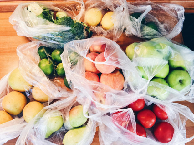 fruits, vegetables, plastic bag