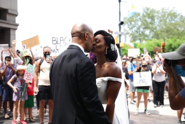 Philadelphia, couple, wedding, protests