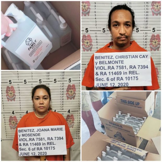 This photo provided by the Philippine National Police shows the suspects arrested during an entrapment operation in Laguna province and the allegedly overpriced alcohol they are selling online. Photo from PNP
