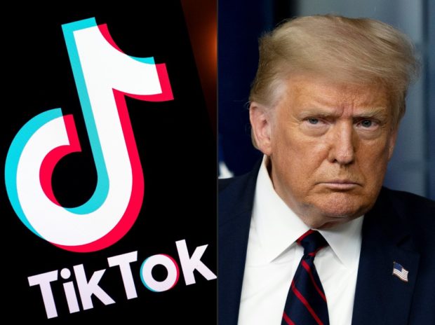(FILES) In this combination of file pictures created on August 1, 2020 shows the logo of the social media video sharing app Tiktok displayed on a tablet screen in Paris, and US President Donald Trump at the White House in Washington, DC, on July 30, 2020. - Video app Tiktok said on August 22, 2020, it will challenge in court a Trump administration crackdown on the popular Chinese-owned service, which Washington accuses of being a national security threat. (Photos by Lionel BONAVENTURE and JIM WATSON / AFP)