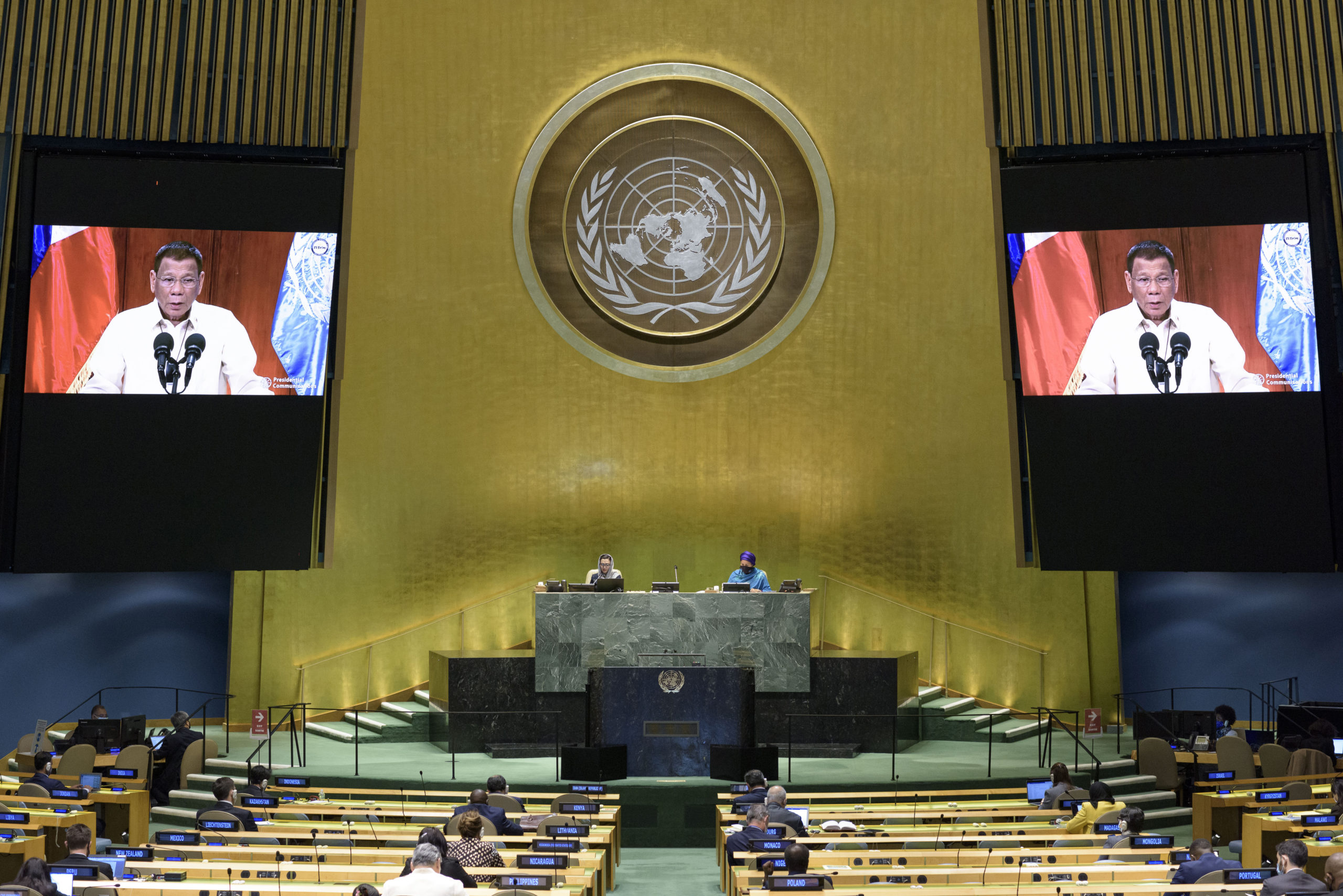 In this photo provided by the United Nations, the President of the Republic of the Philippines, Rodrigo Roa Duterte's pre-recorded message is played during the 75th session of the United Nations General Assembly, Tuesday, Sept. 22, 2020, at U.N. headquarters. The U.N.'s first virtual meeting of world leaders started Tuesday with pre-recorded speeches from some of the planet's biggest powers, kept at home by the coronavirus pandemic that will likely be a dominant theme at their video gathering this year. (Manuel Elias/UN Photo via AP)