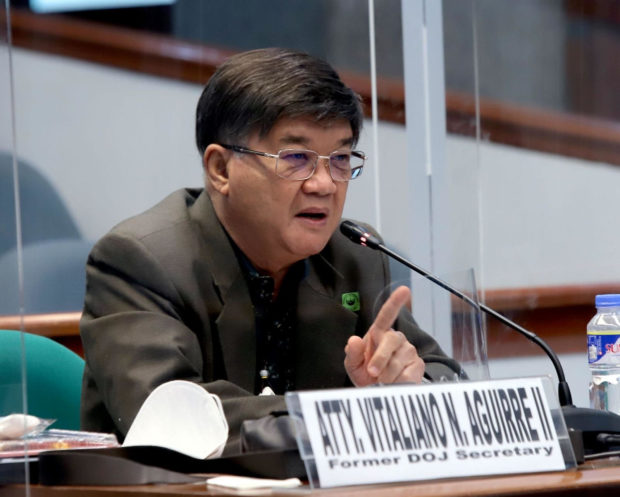 AGUIRRE TESTIFIES AT SENATE 'PASTILLAS' PROBE: Former Justice Secretary Vitaliano Aguirre confirms to senators that he was the one who appointed former Bureau of Immigration (BI) deputy commissioner Marc Red Mariñas, during the hybrid hearing of the Senate Committee on Women, Children, Family Relations and Gender Equality, October 6, 2020, on the so-called pastillas scam. Aguirre said that he does not regret his decision to appoint Mariñas who had been tagged as one of the masterminds of the 'pastillas' scam, claiming that Mariñas is legally presumed innocent until proven guilty. (Albert Calvelo/ Senate PRIB)