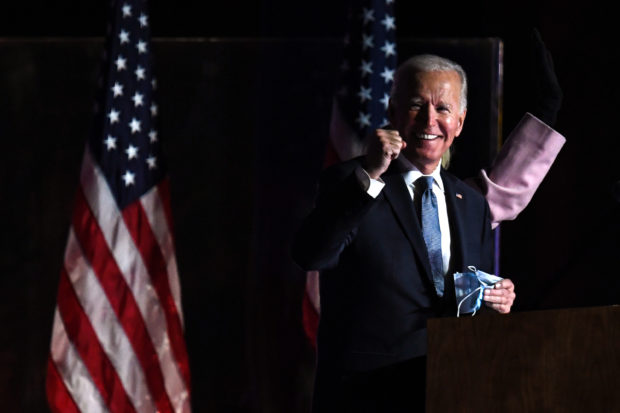 Biden says believes he is 'on track' to win US election