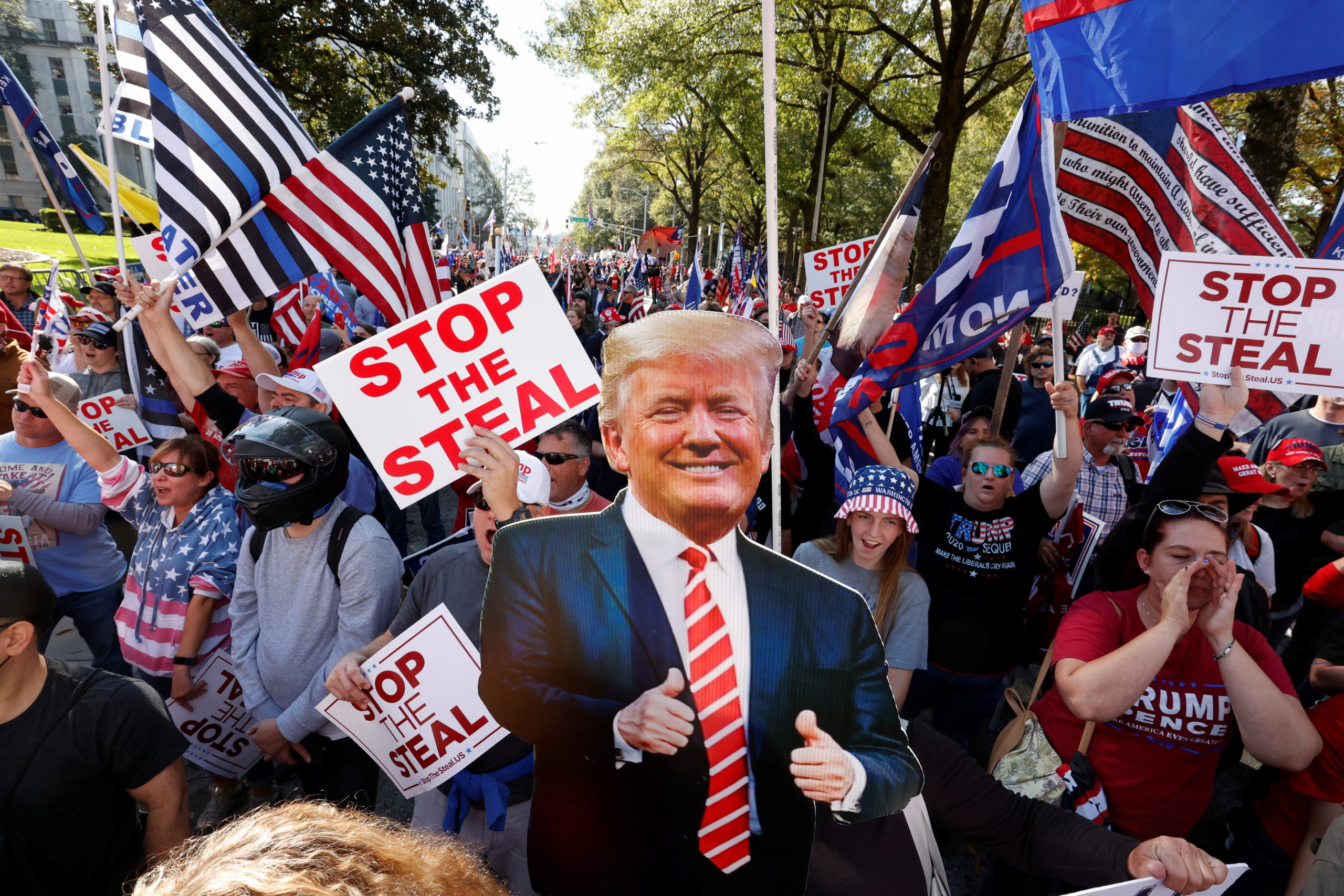 A cutout of U.S. President Donald Trump is pictured as supporters take part in a protest against the results of the 2020 U.S. presidential election in Atlanta, Georgia, U.S., November 21, 2020. REUTERS/Chris Aluka Berry