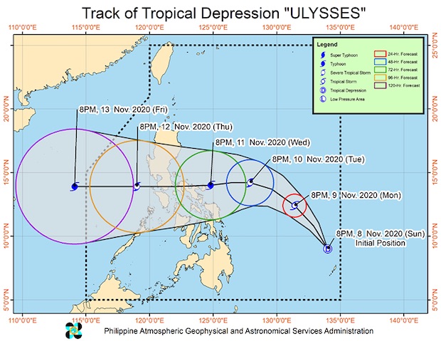 20201109 Track of Tropical Depression Ulysses