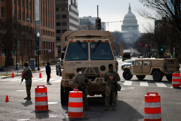 Members of the National Guard secure the area near the Capitol for possible protest ahead of U.S. President-elect Joe Biden's inauguration, in Washington