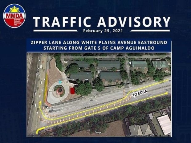 The Metropolitan Manila Development Authority will open a zipper lane along the eastbound direction of the White Plains Avenue in Quezon City on Thursday, February 25, 2021, for the commemoration of the 35th Edsa People Power Revolution.