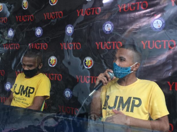 Japer Gurung (right) and Junior Ramos speak during a press briefing organized by the National Task Force to End Local Communist Armed Conflict at the BJMP facility in Olongapo City. (Photo by Joanna Rose Aglibot)