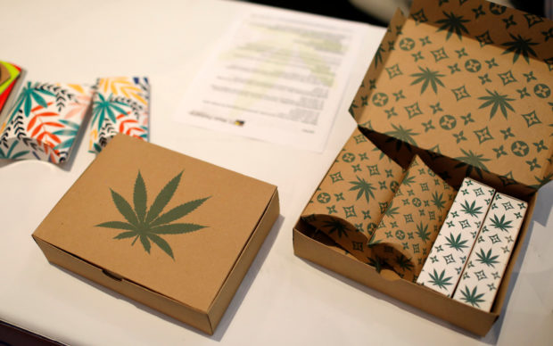 FILE PHOTO: Cannabis product boxes are displayed at The Cannabis World Congress & Business Exposition (CWCBExpo) trade show in New York