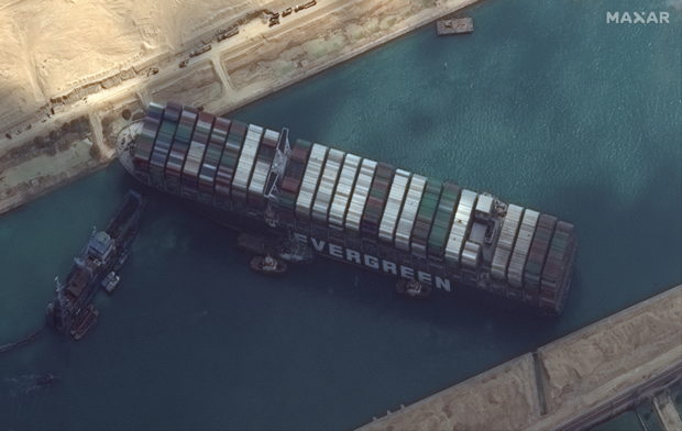 Ever Given container ship is pictured in Suez Canal in this Maxar Technologies satellite image taken on March 26, 2021. Maxar Technologies/Handout via REUTERS ATTENTION