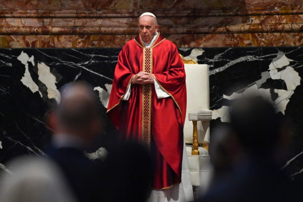 Pope Francis celebrates Good Friday Mass for the Passion of the Lord, amid the coronavirus disease (COVID-19) outbreak, at St. Peter's Basilica in the Vatican, April 2, 2021. 