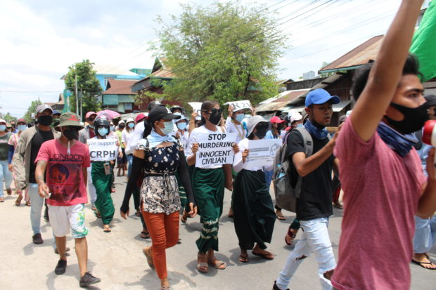 Students, teachers and engineers from Dawei Technological University stage a protest against the military coup