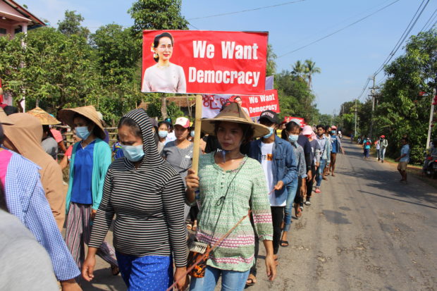Villagers attend a protest against the military coup, in Launglon township, Myanmar April 4, 2021 in this picture obtained from social media