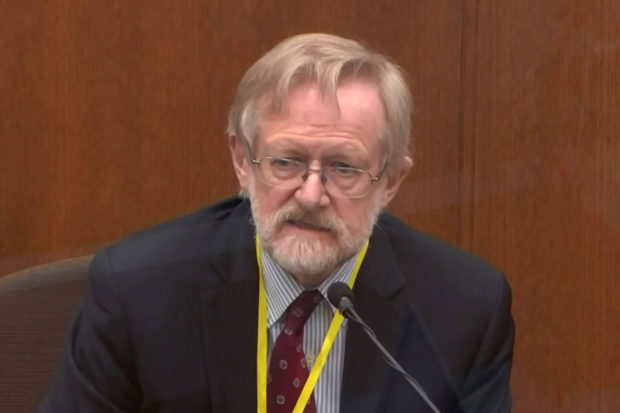 Chicago-based breathing expert Dr. Martin Tobin answers questions during the ninth day of the trial of former Minneapolis police officer Derek Chauvin for second-degree murder, third-degree murder and second-degree manslaughter in the death of George Floyd in Minneapolis, Minnesota, U.S. April 8, 2021 in a still image from video.  Pool via REUTERS