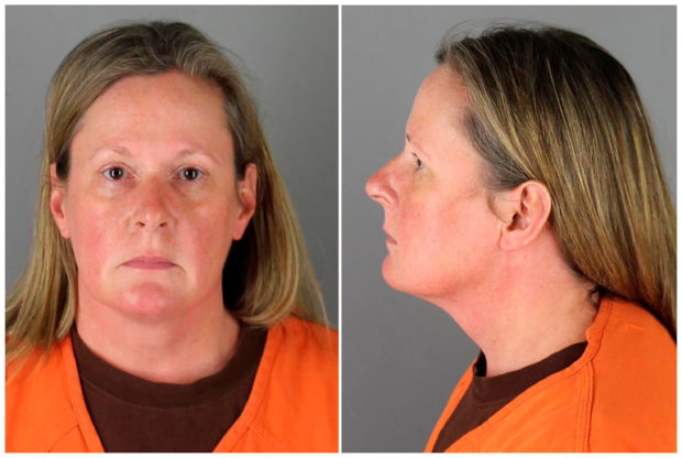 Kim Potter, a 26-year veteran who resigned from the Brooklyn Center police force, poses for a booking photograph at Hennepin County Jail for fatally shooting 20-year-old Daunte Wright during a traffic stop, in Minneapolis, Minnesota, U.S. April 14, 2021 in a combination of photographs.   Hennepin County Sheriff's Office/Handout via REUTERS.