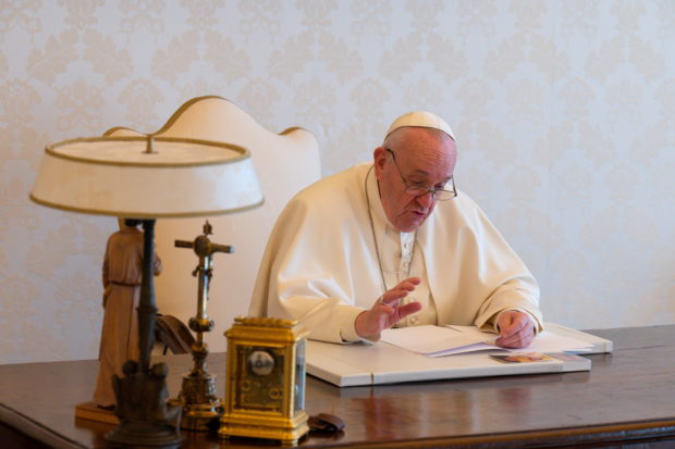 Pope Francis delivers a video message on the occasion of Earth Day, at the Vatican, April 22, 2021. Vatican Media/­Handout via REUTERS