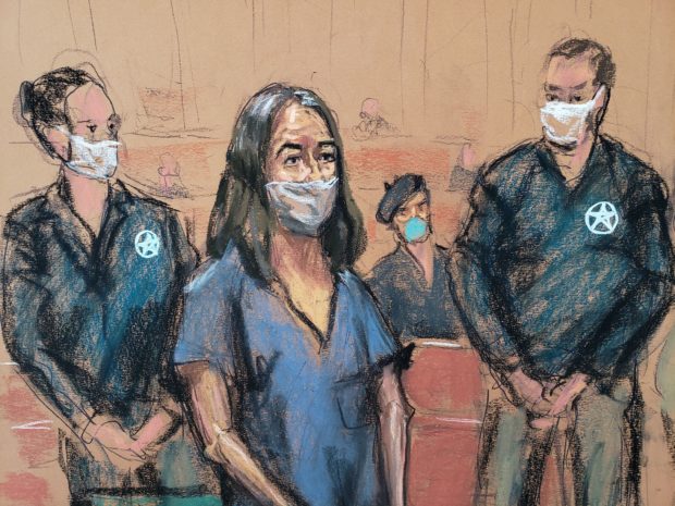 British socialite Ghislaine Maxwell appears during her arraignment hearing on a new indictment at Manhattan Federal Court in New York City, New York, U.S. April 23, 2021, in this courtroom sketch