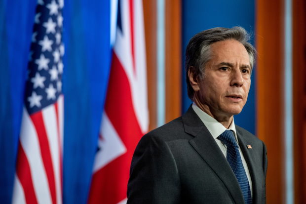 U.S. Secretary of State Antony Blinken holds a joint news conference with his British counterpart at Downing Street following their bilateral meeting in London, Britain May 3, 2021 during the G7 foreign ministers meeting. Chris J Ratcliffe/Pool via REUTERS/File Photo